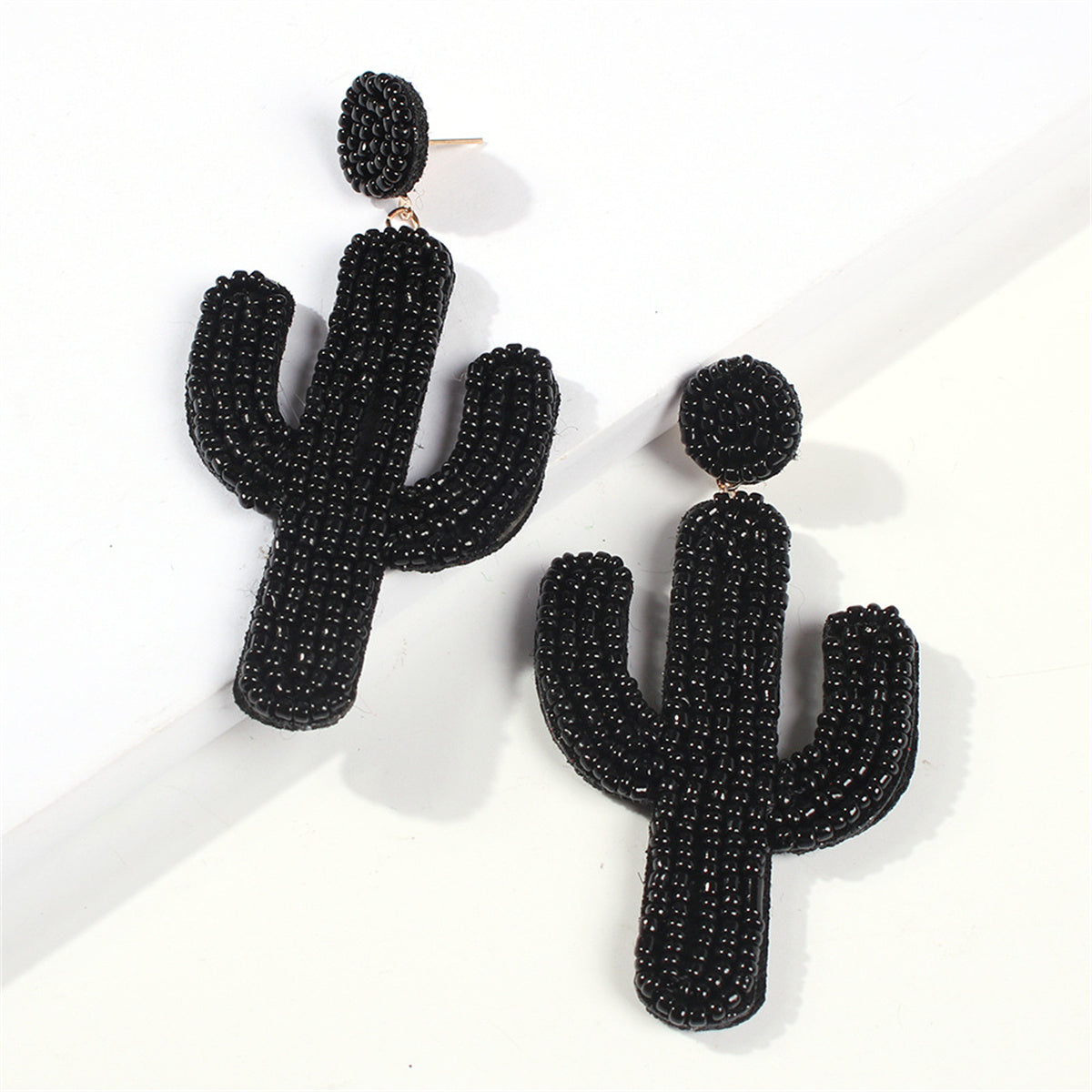 Black Howlite Beaded Cactus Drop Earrings, drop earrings for women, vintage-inspired design, front view