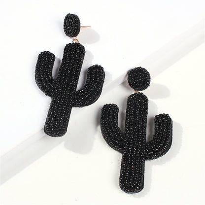 Black Howlite Beaded Cactus Drop Earrings, drop earrings for women, vintage-inspired design, front view