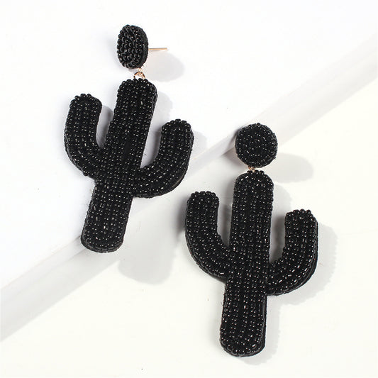Black Howlite Beaded Cactus Drop Earrings, drop earrings for women, vintage-inspired design, front view