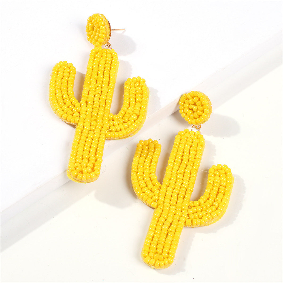 Yellow Howlite and 18K Gold-Plated Cactus Drop Earrings, gold drop earrings for women, elegant gift for her, front view