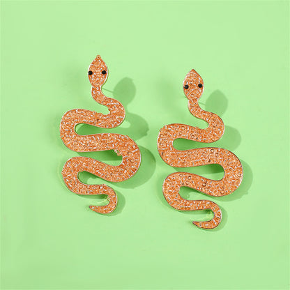 Champagne Howlite and 18K Gold-Plated Snake Dangle Earrings, gold drop earrings for women, botanical inspired, front view