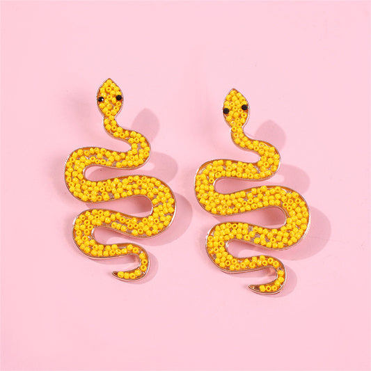 Yellow Howlite and 18K Gold-Plated Snake Dangle Earrings, gold stud earrings for women, everyday style, front view