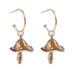 Caramel Enamel & 18K Gold-Plated Mushroom Drop Hoop Earrings