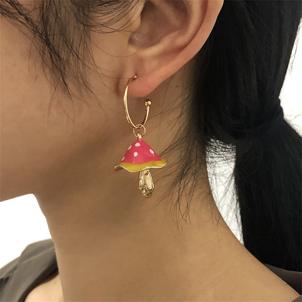 Pink Enamel & 18K Gold-Plated Mushroom Drop Hoop Earrings