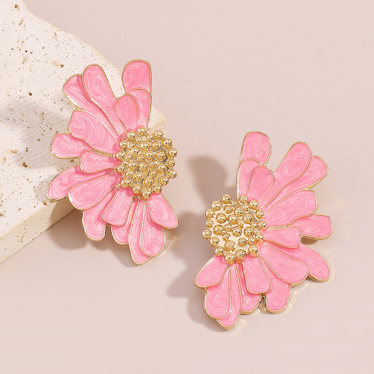 Pink Enamel & 18K Gold-Plated Mum Stud Earrings