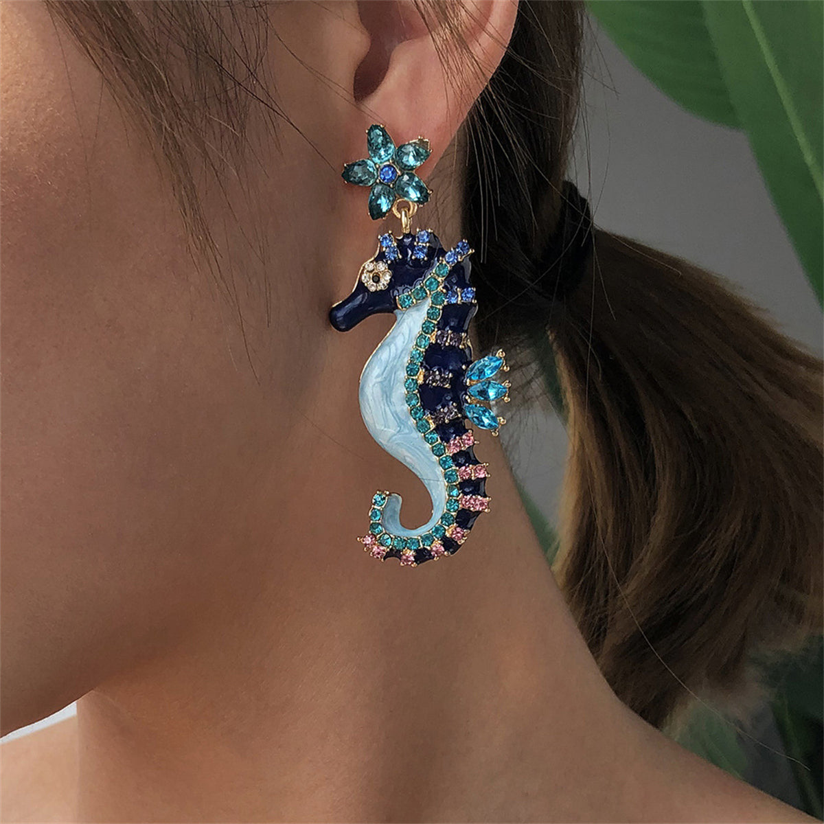 Crystal and Cubic Zirconia Enamel 18K Gold-Plated Seahorse Drop Earrings, gold drop earrings for women, detail close-up