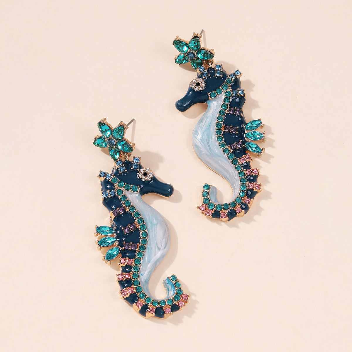 Crystal and Cubic Zirconia Enamel 18K Gold-Plated Seahorse Drop Earrings, gold drop earrings for women, side view