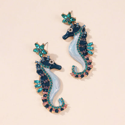 Crystal and Cubic Zirconia Enamel 18K Gold-Plated Seahorse Drop Earrings, gold drop earrings for women, side view