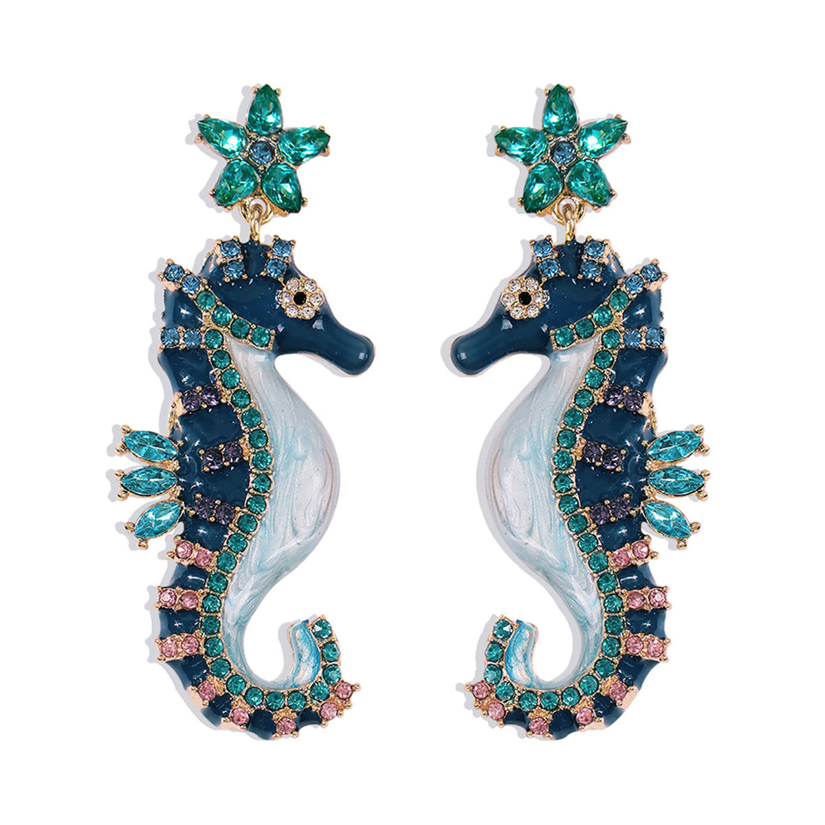 Crystal and Cubic Zirconia Enamel 18K Gold-Plated Seahorse Drop Earrings, gold drop earrings for women, front view