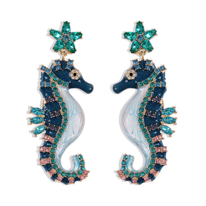 Crystal and Cubic Zirconia Enamel 18K Gold-Plated Seahorse Drop Earrings, gold drop earrings for women, front view