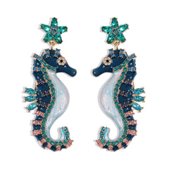 Crystal & Cubic Zirconia Enamel 18K Gold-Plated Seahorse Drop Earrings