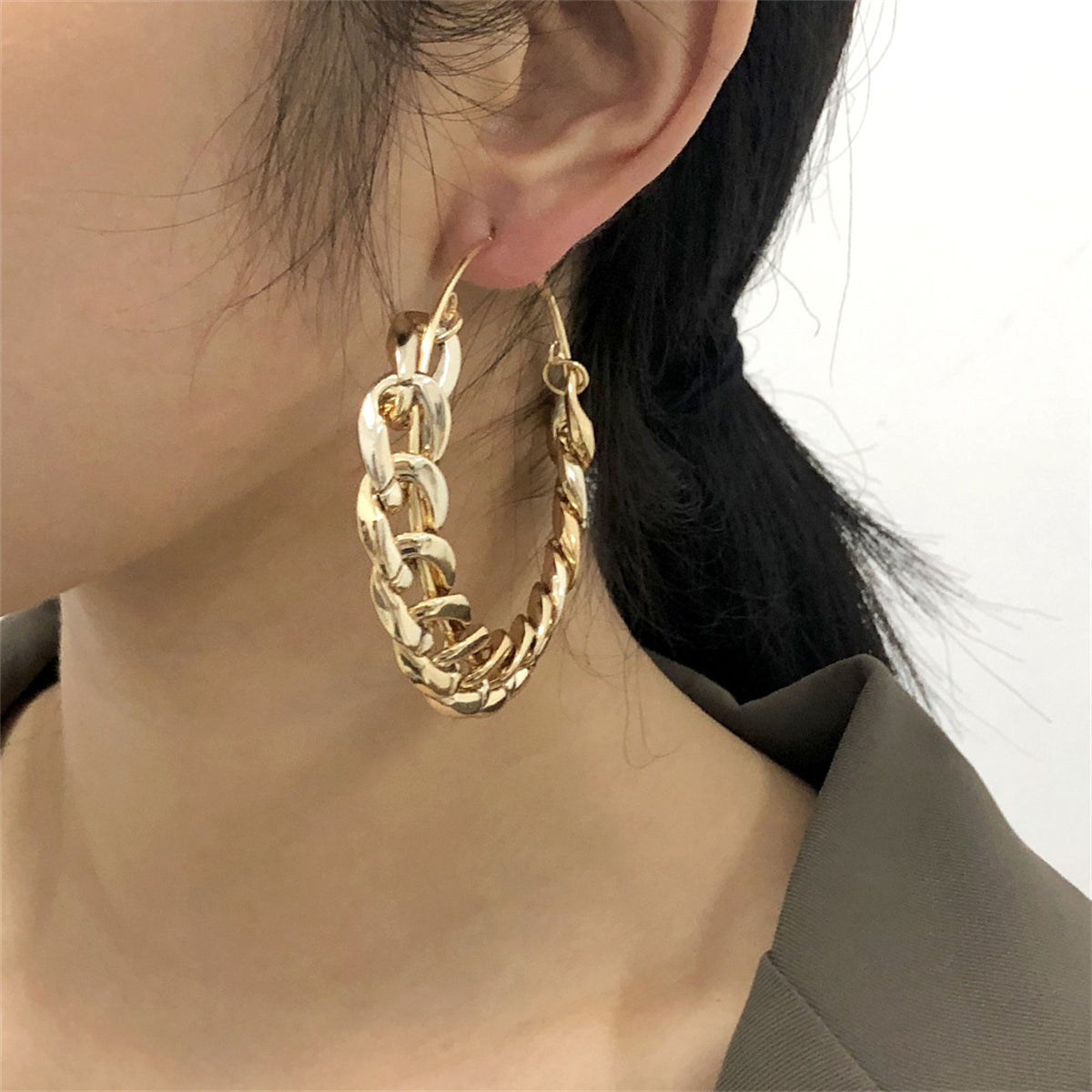 18K Gold-Plated Curb Chain Thick Hoop Earrings