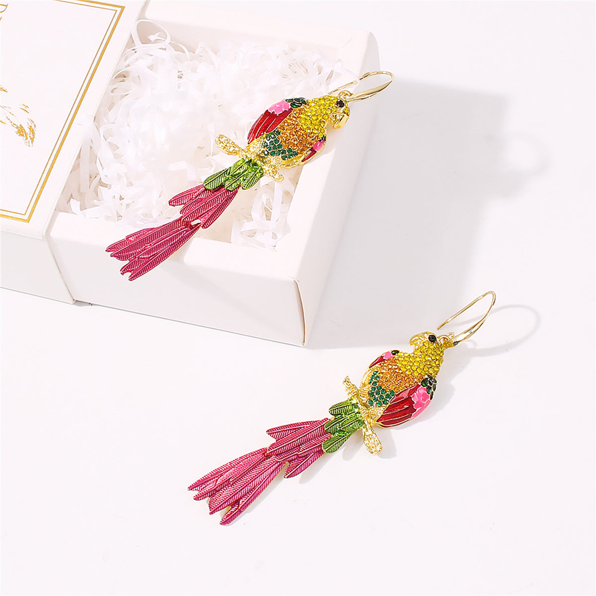 Pink Enamel & Yellow Cubic Zirconia Parrot Drop Earrings