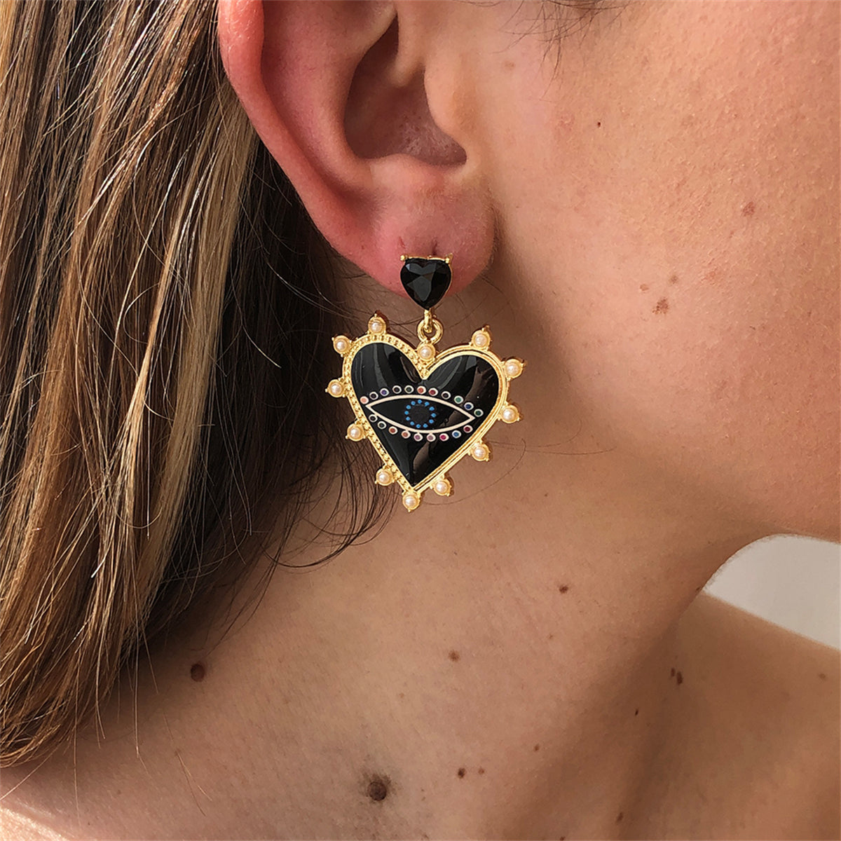 Black Crystal & Enamel Pearl 18K Gold-Plated Eye Heart Drop Earrings