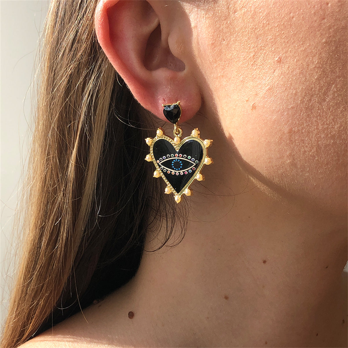 Black Crystal & Enamel Pearl 18K Gold-Plated Eye Heart Drop Earrings