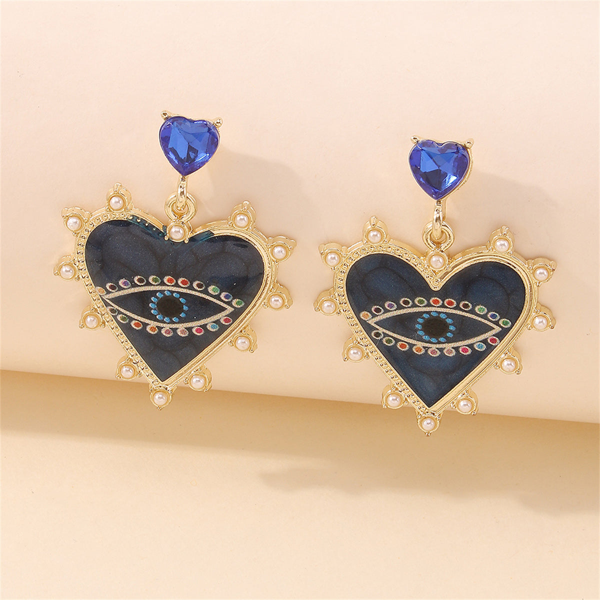 Blue Crystal & Enamel Pearl 18K Gold-Plated Eye Heart Drop Earrings