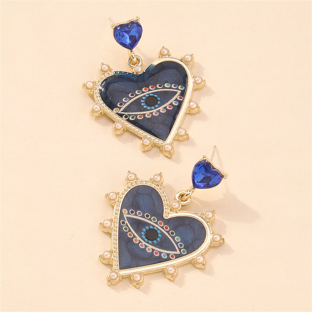 Blue Crystal & Enamel Pearl 18K Gold-Plated Eye Heart Drop Earrings