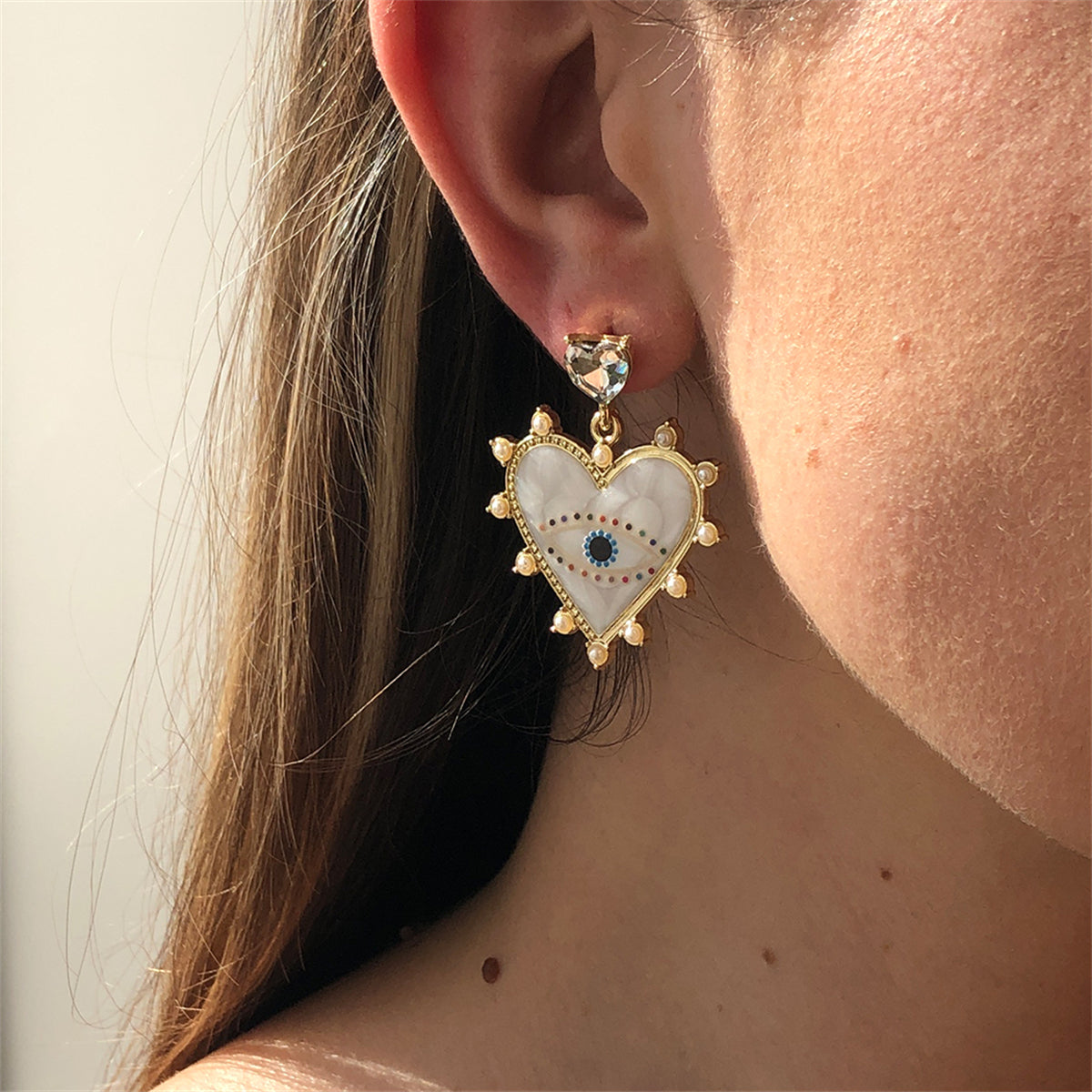 White Enamel & Crystal Pearl 18K Gold-Plated Eye Heart Drop Earrings