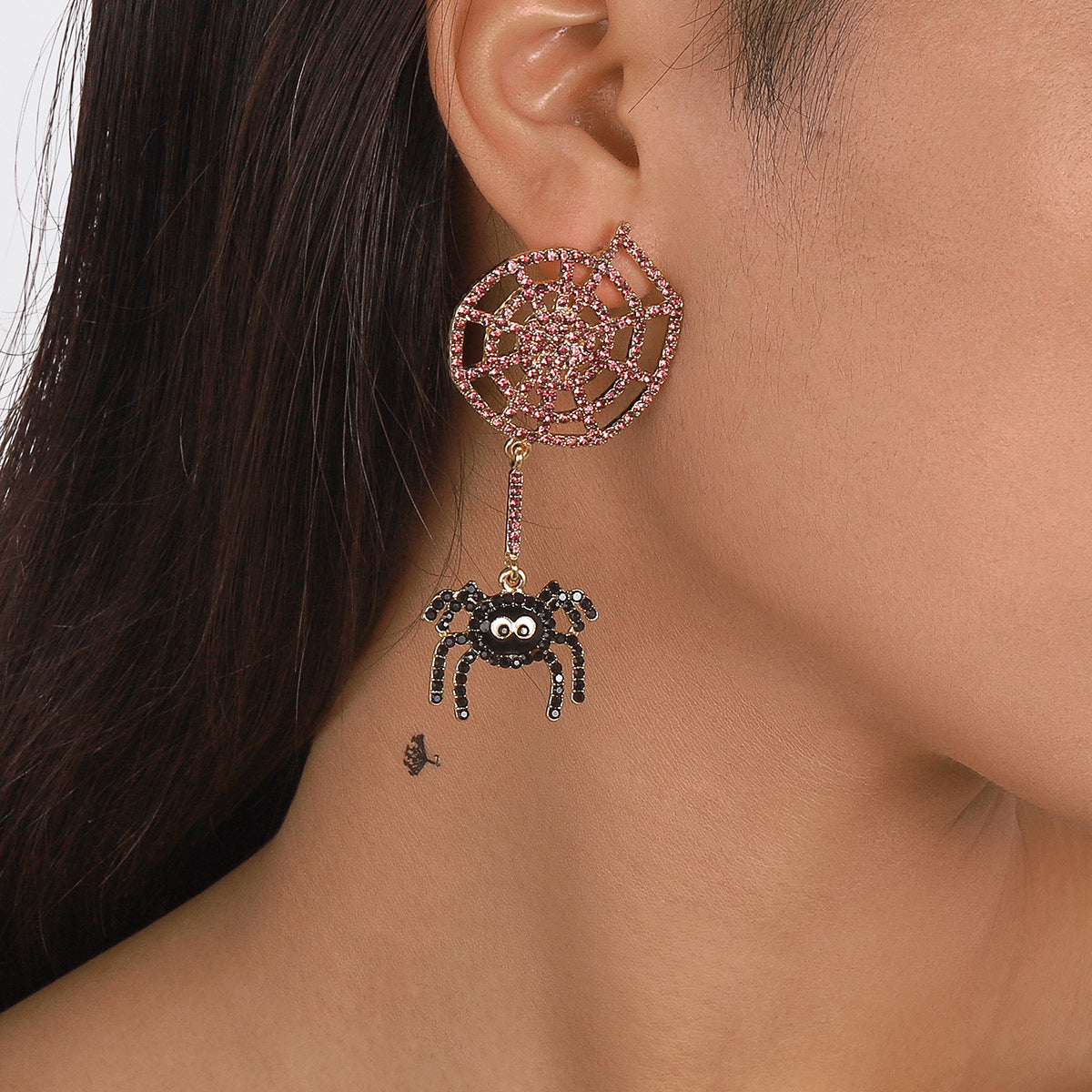 Cubic Zirconia and 18K Gold-Plated Cobweb Spider Drop Earring, gold drop earrings for women, everyday style, front view