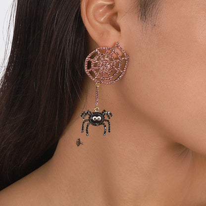 Cubic Zirconia and 18K Gold-Plated Cobweb Spider Drop Earring, gold drop earrings for women, everyday style, front view