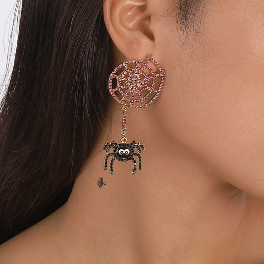 Cubic Zirconia and 18K Gold-Plated Cobweb Spider Drop Earring, gold drop earrings for women, everyday style, front view