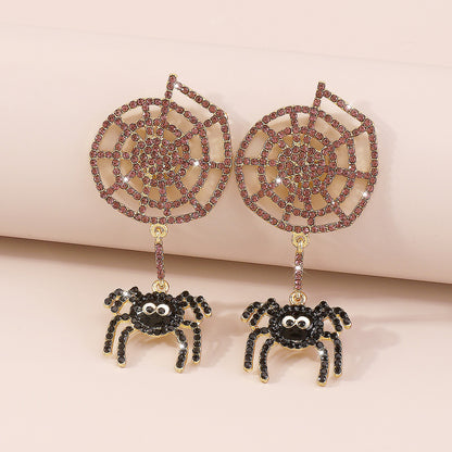 Cubic Zirconia and 18K Gold-Plated Cobweb Spider Drop Earring, gold drop earrings for women, everyday style, detail close-up