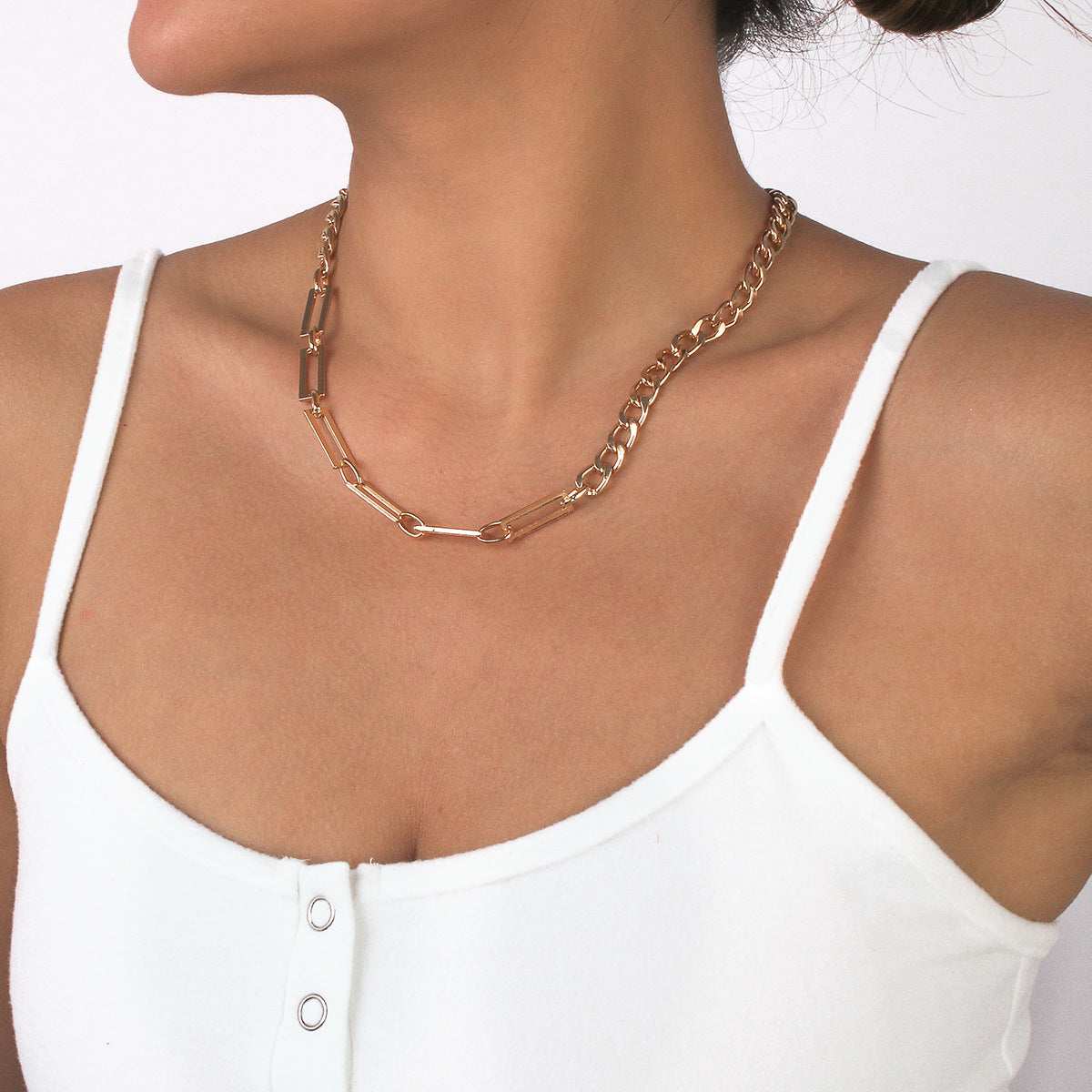 18K Gold-Plated Open Rectangle Chain, gold pendant necklace for women, botanical inspired, front view