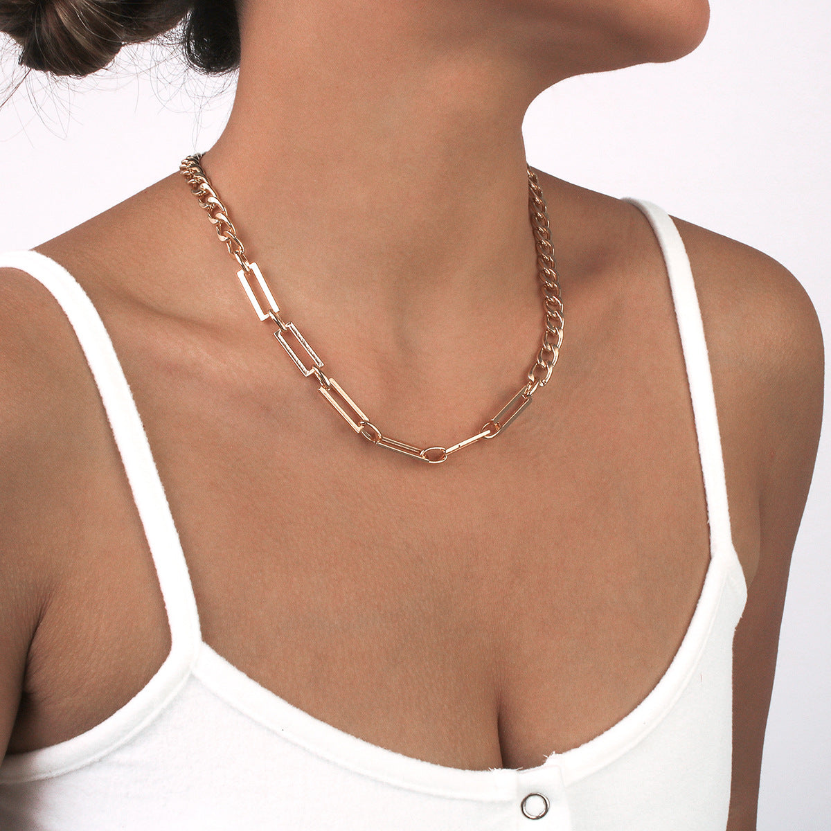 18K Gold-Plated Open Rectangle Chain, gold pendant necklace for women, botanical inspired, detail close-up