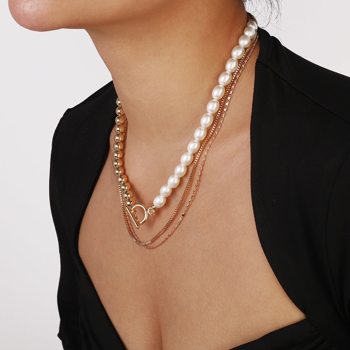 Pearl & 18K Gold-Plated Toggle Layered Necklace Set