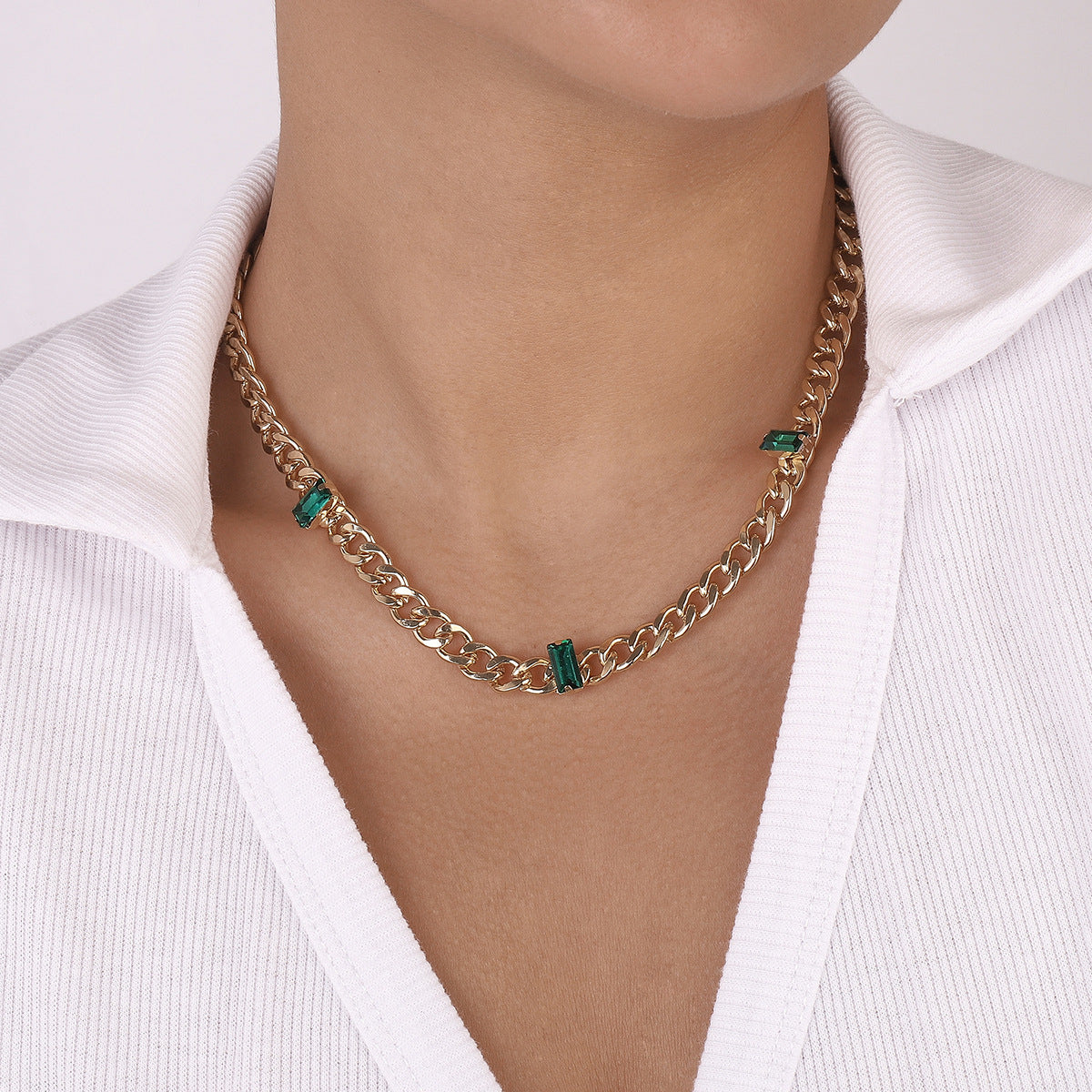 Green Crystal & 18K Gold-Plated Curb Chain