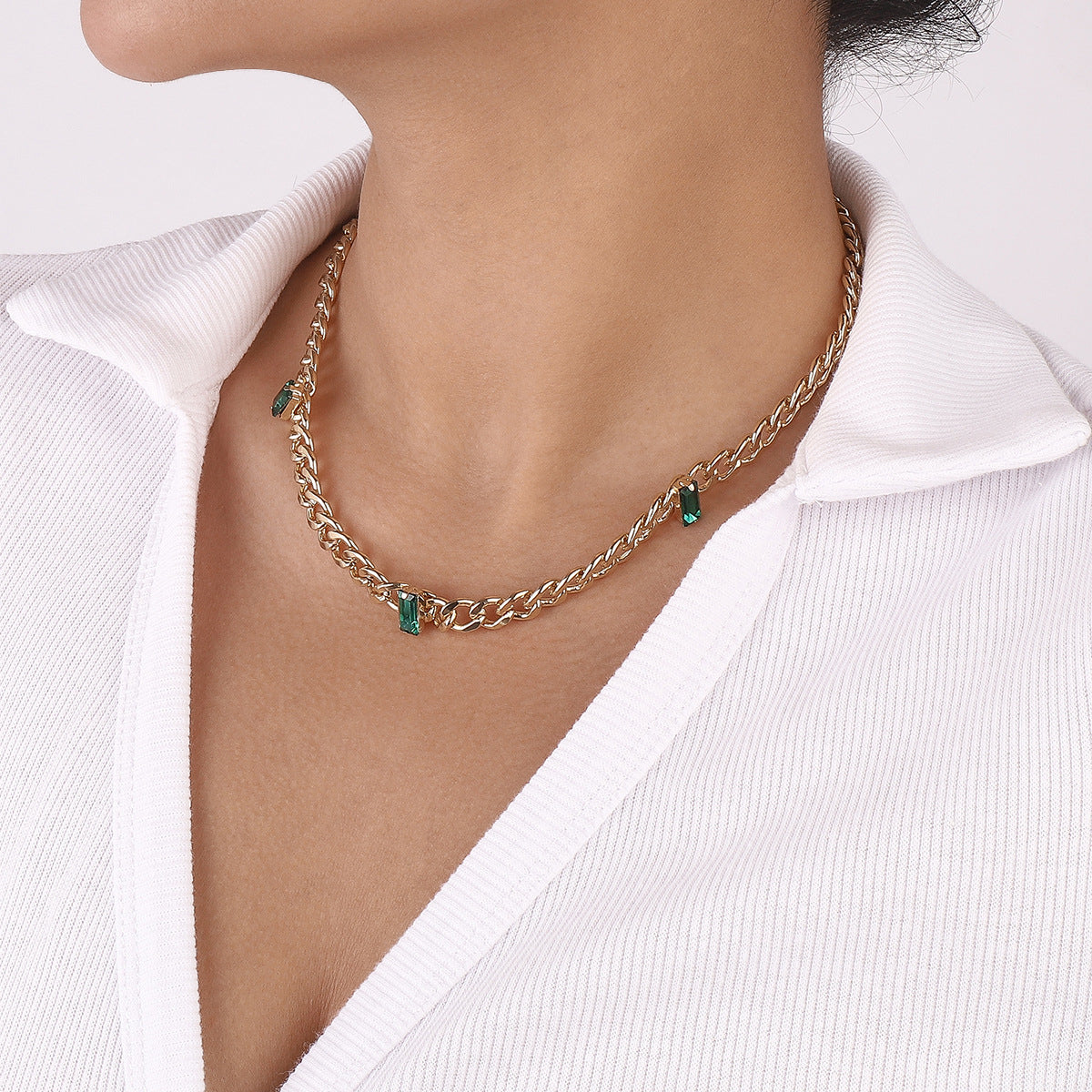Green Crystal & 18K Gold-Plated Curb Chain