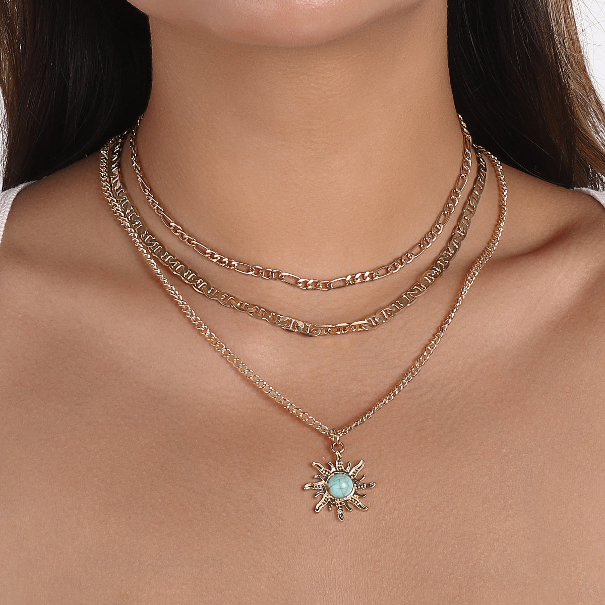Turquoise & 18K Gold-Plated Sun Pendant Necklace Set