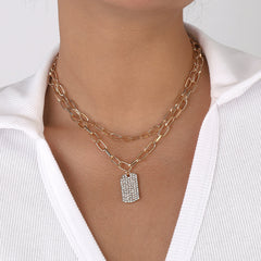 Cubic Zirconia & 18K Gold-Plated Rectangle Layered Pendant Necklace