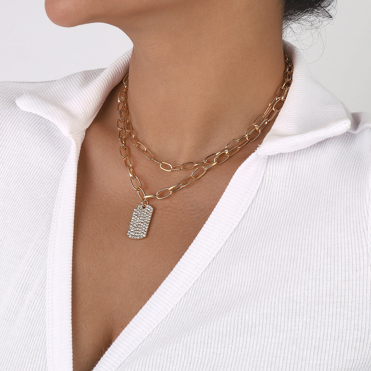 Cubic Zirconia & 18K Gold-Plated Rectangle Layered Pendant Necklace
