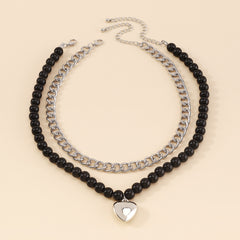 Black Quartz & Silver-Plated Heart Pendant Two-Piece Necklace Set