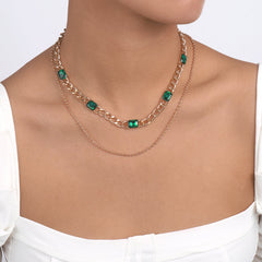Green Crystal & 18K Gold-Plated Dual-Chain Station Layered Necklace