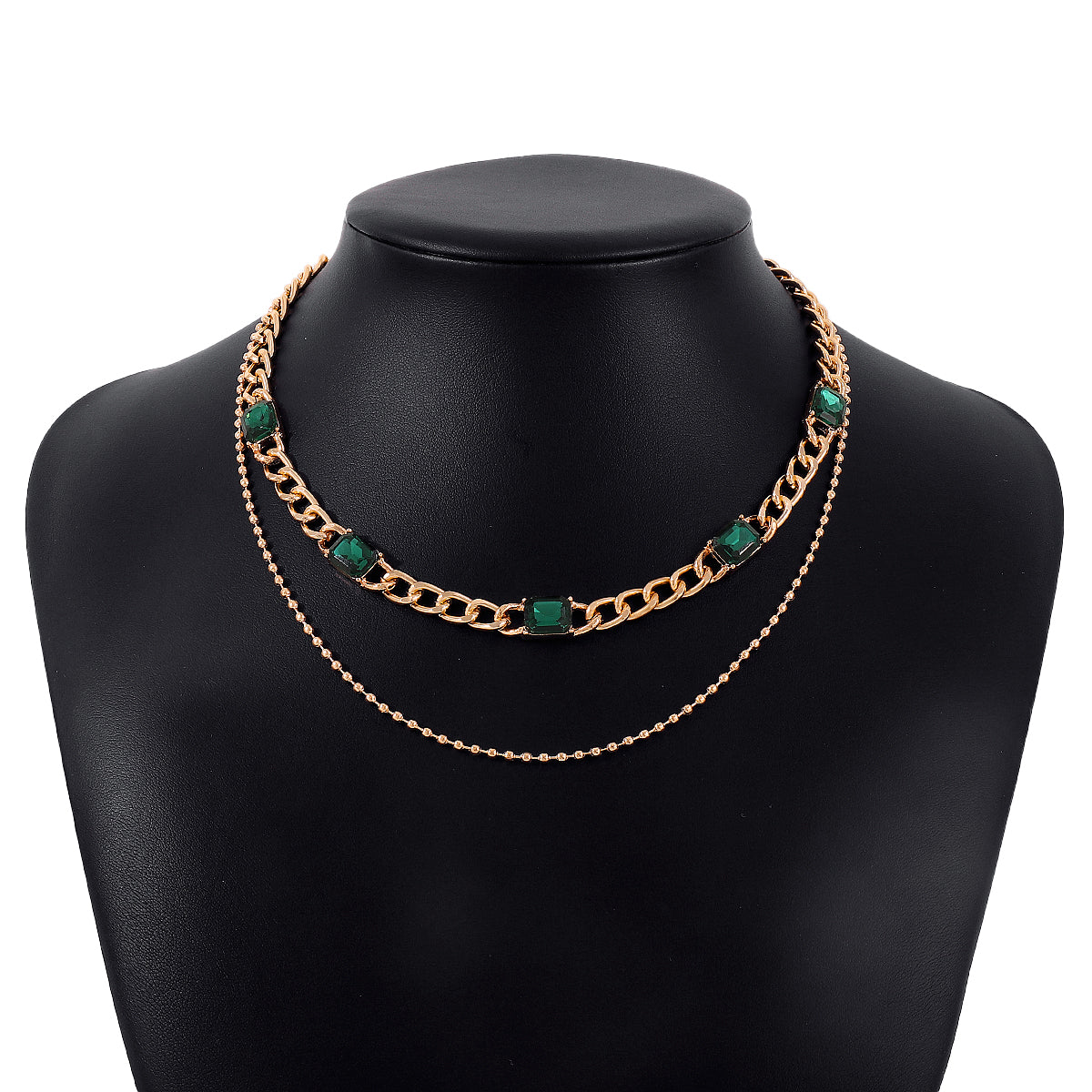 Green Crystal & 18K Gold-Plated Dual-Chain Station Layered Necklace
