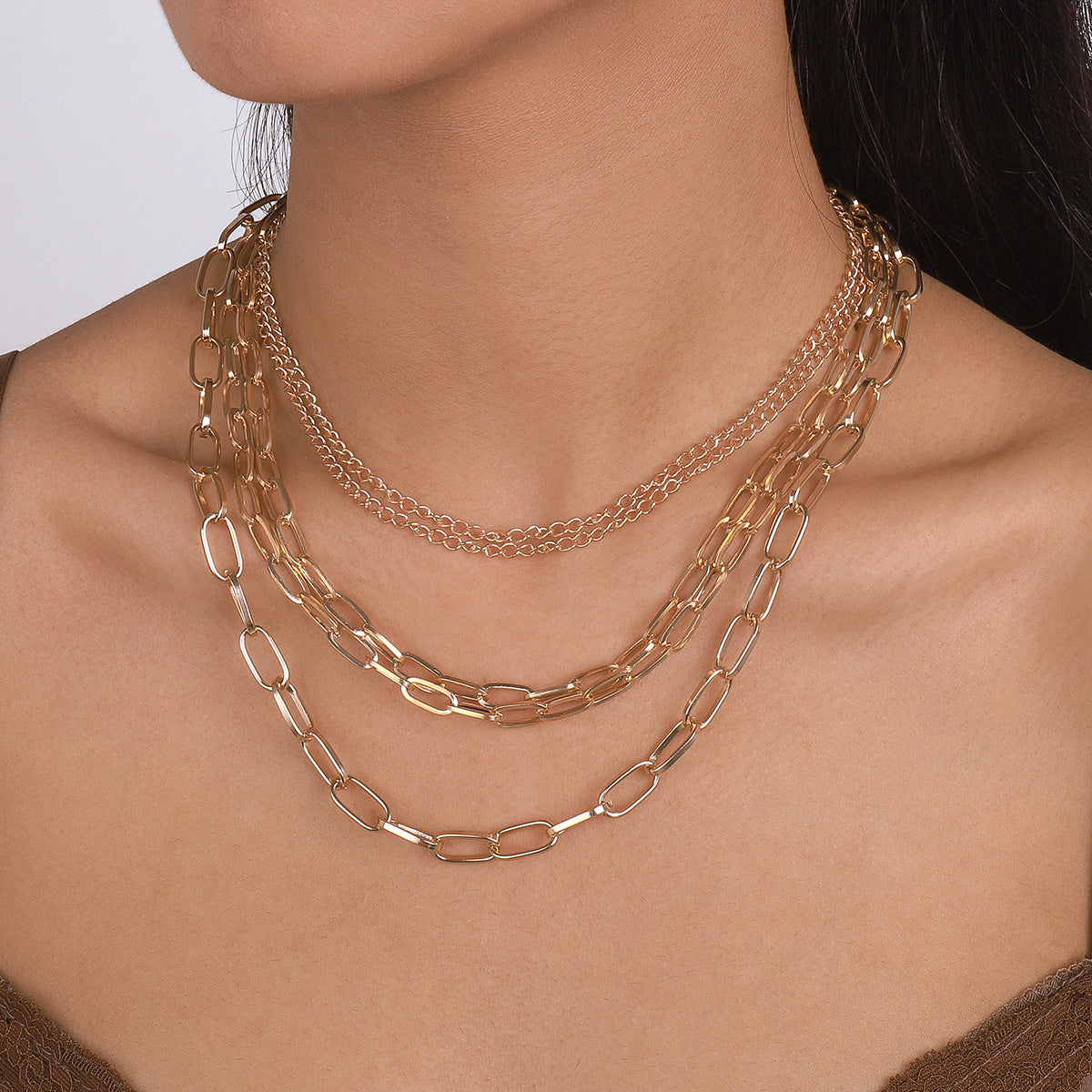 18K Gold-Plated Layered Curb Chain Necklace Set, jewelry gift sets for women, elegant gift for her, front view