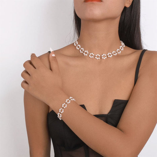 Pearl and 18K Gold-Plated Flower Station Necklace and Bracelet Set, gold bracelet for women, front view
