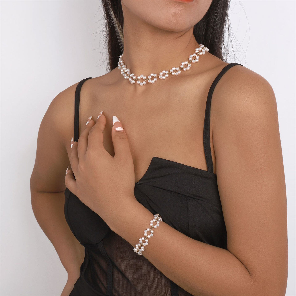 Pearl and 18K Gold-Plated Flower Station Necklace and Bracelet Set, gold bracelet for women, detail close-up