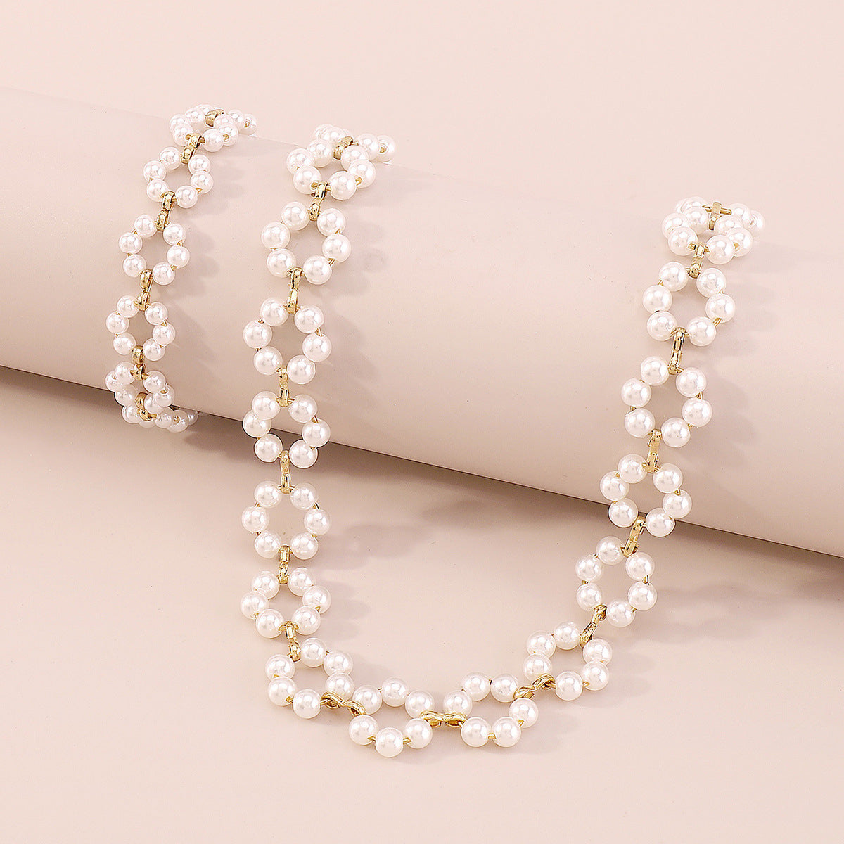 Pearl and 18K Gold-Plated Flower Station Necklace and Bracelet Set, gold bracelet for women, lifestyle look