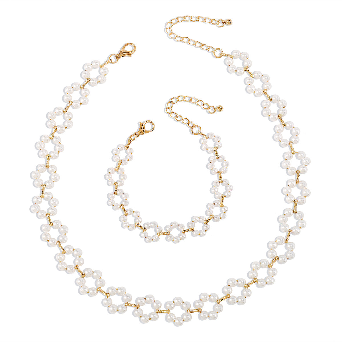 Pearl and 18K Gold-Plated Flower Station Necklace and Bracelet Set, gold bracelet for women, styled look