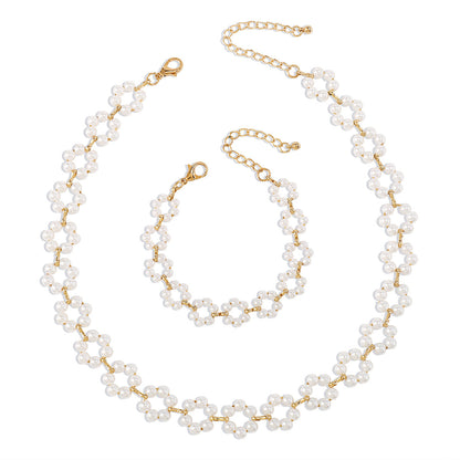 Pearl and 18K Gold-Plated Flower Station Necklace and Bracelet Set, gold bracelet for women, styled look