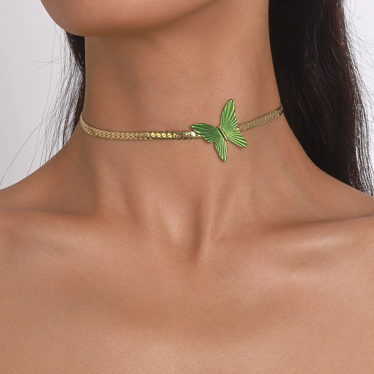 Green Enamel & 18K Gold-Plated Butterfly Choker