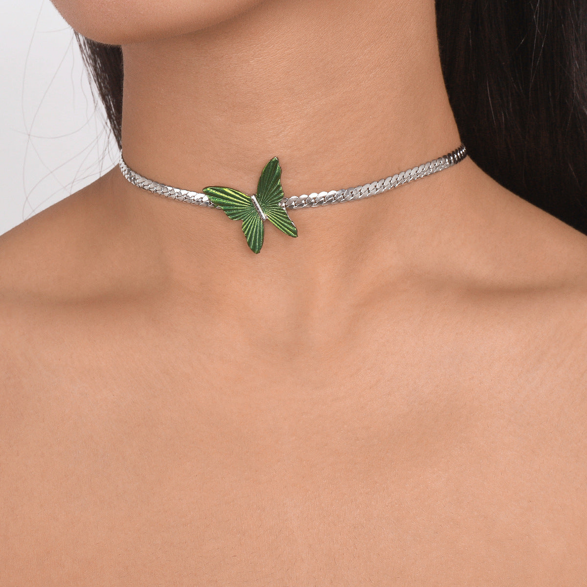 Green Enamel & Silver-Plated Butterfly Choker