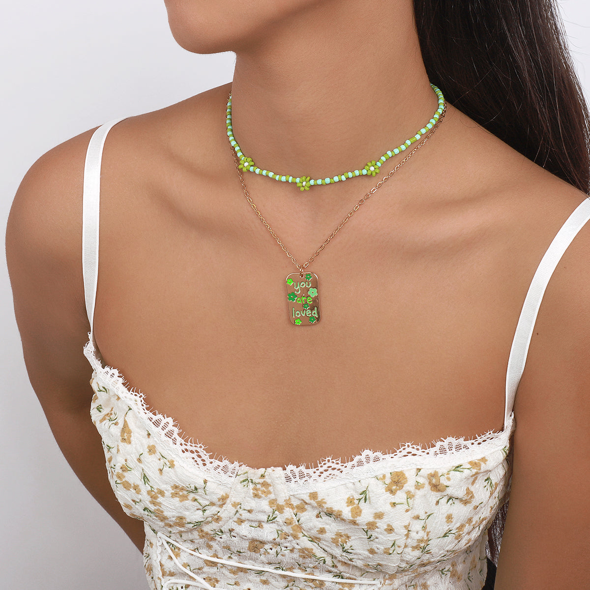 Green Howlite & Enamel 18K Gold-Plated Flower Layered Pendant Necklace