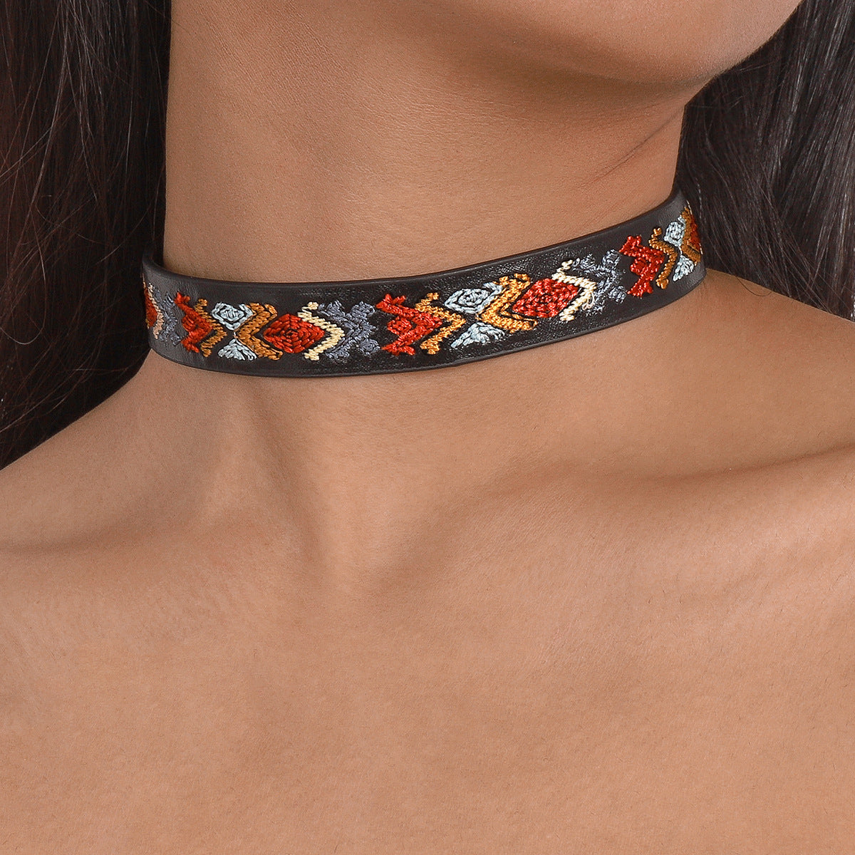 Black and Multicolor Boho Choker Necklace, chunky choker necklace, elegant gift for her, front view