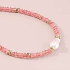 Pink Quartz & Pearl Beaded Choker Necklace