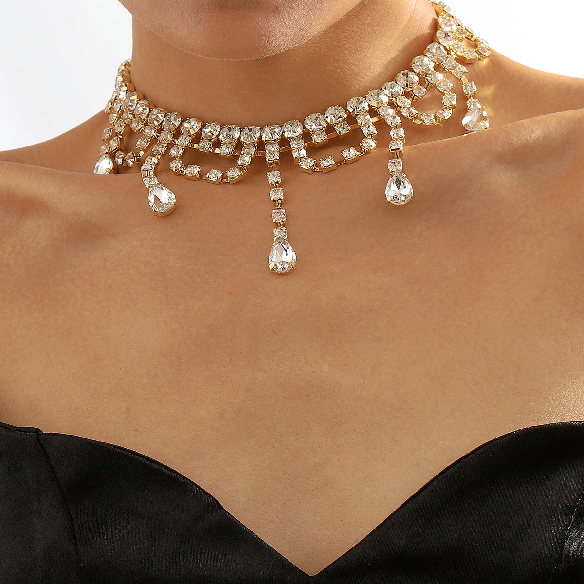 Crystal and Cubic Zirconia Drop Tassel Choker, chunky choker necklace, botanical inspired, side view