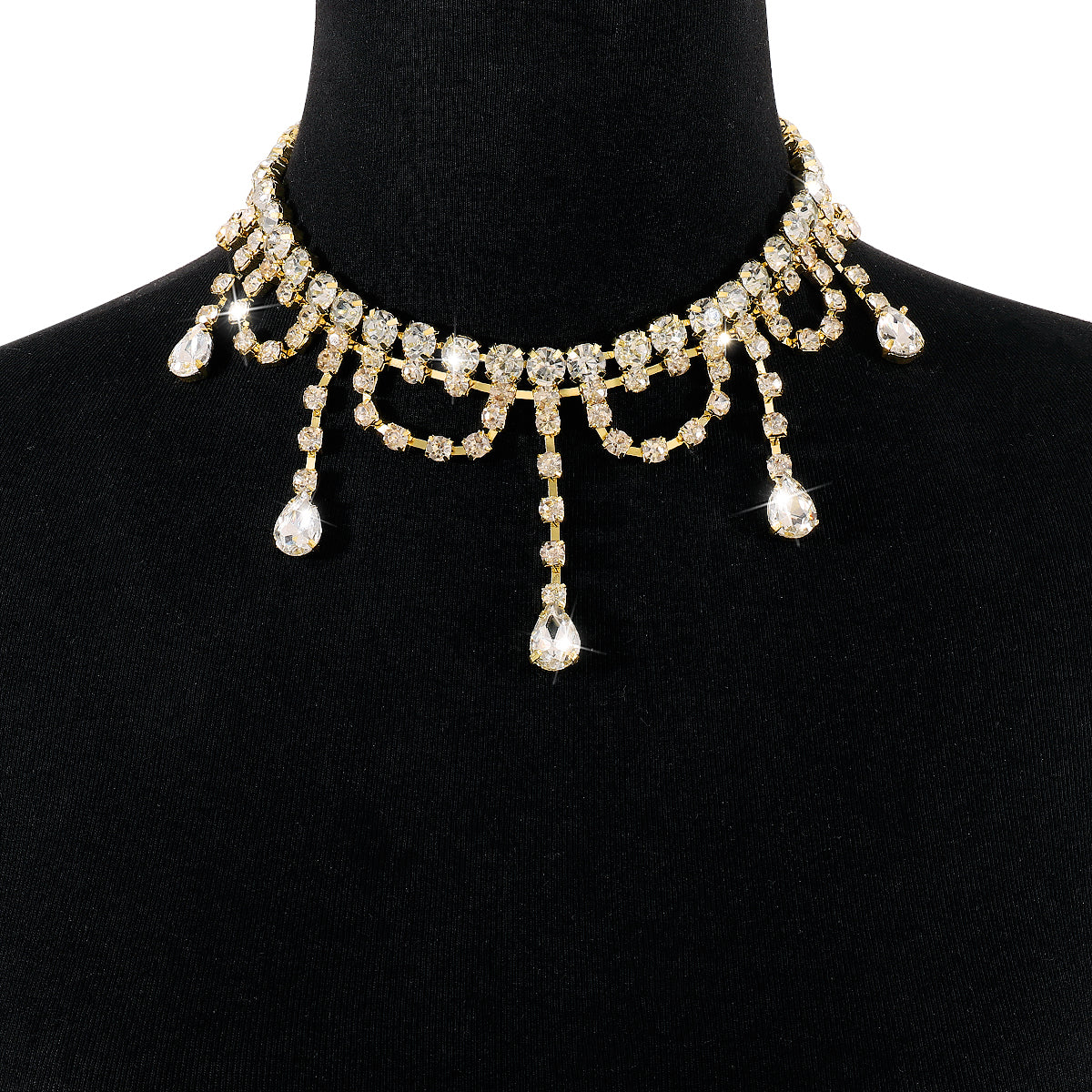 Crystal and Cubic Zirconia Drop Tassel Choker, chunky choker necklace, botanical inspired, detail close-up